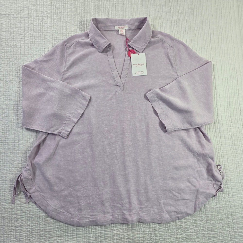 Isaac Mizrahi NWT Lilac Linen Blend V-Neck Tunic Top Side Ties Purple Plus 2X